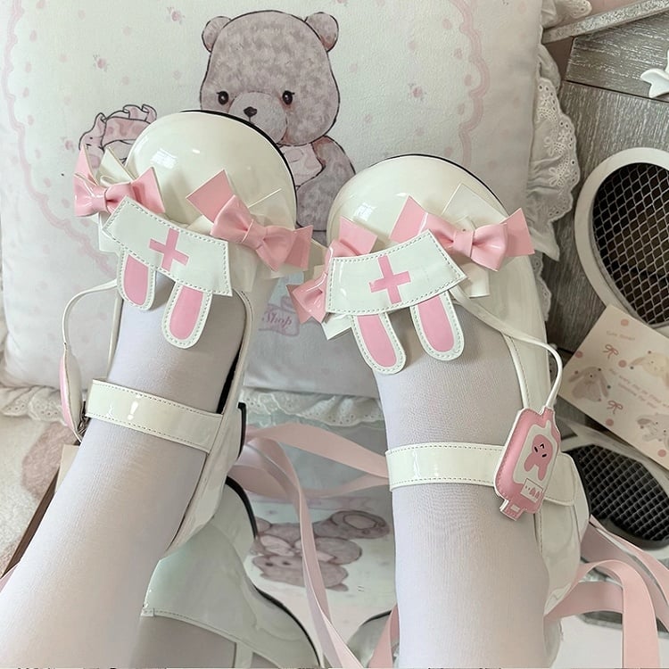 Medical Rabbit Themed White Mary Janes in PU - Low-heel Design, Nurse Cap with Rabbit Ears & Magic Tape