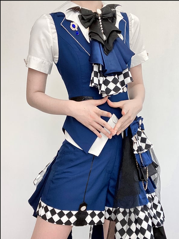 Dark Blue Prince Ouji Lolita Outfit- Foldover Collar Waistcoat+ Shorts+ Train+ Jabot Tie Full Set