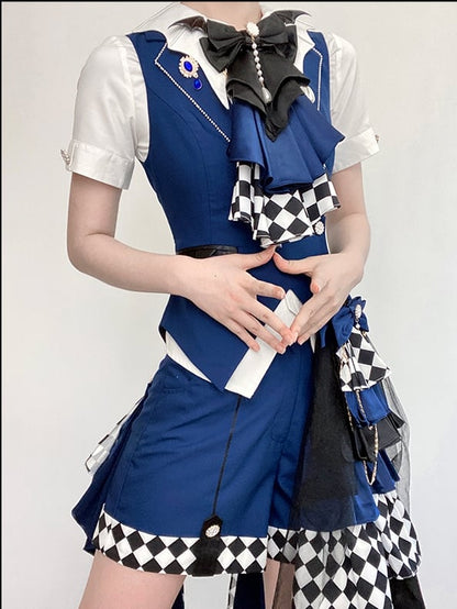 Dark Blue Prince Ouji Lolita Outfit- Foldover Collar Waistcoat+ Shorts+ Train+ Jabot Tie Full Set
