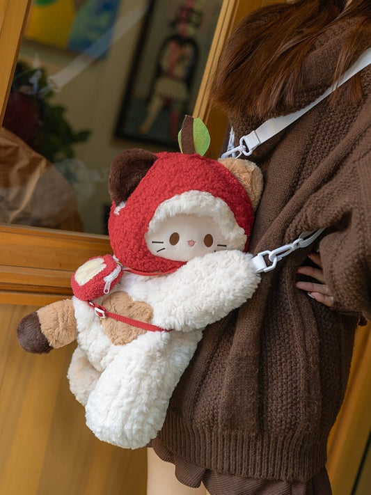 White Kitty-shaped Plush Backpack/Crossbody Bag + Red Apple Hat + Apple Backpack Keychain Middle/Large Size