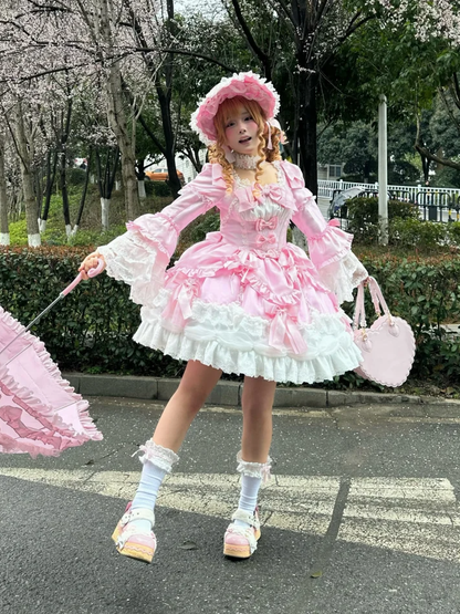 Clearance-Size S for Bust 84-90CM Light Pink Bow Accents Sweet Old School Lolita Princess Dress with Detachable Bell Sleeves