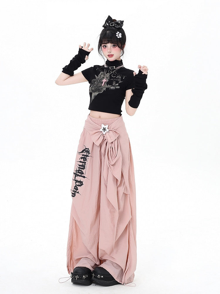 Black / Pink Low Waist Loose Fit Cargo Pants with Detachable Waist Accessory