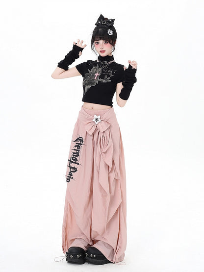 Black / Pink Low Waist Loose Fit Cargo Pants with Detachable Waist Accessory