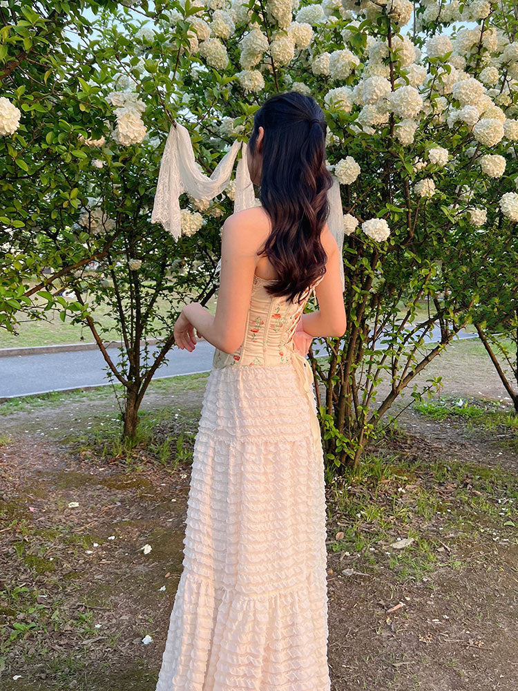 Apricot Floral Print Cotton Bustier Boned Corset Top