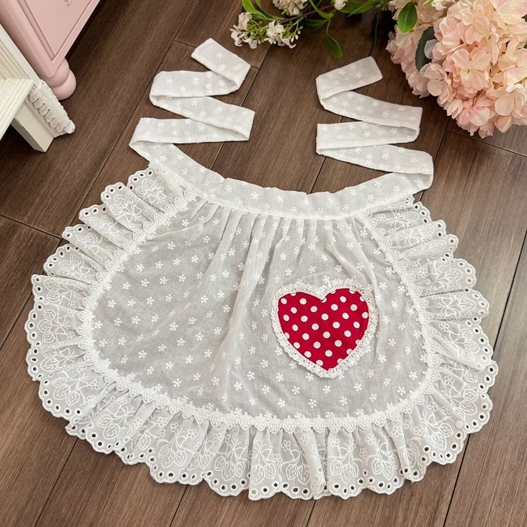 3 Color Options Polka-dot Pattern Heart Applique Lace Trim Apron