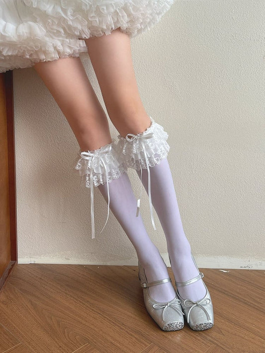 White/Black/Gray/Apricot Bowknot Details Lace Ruffled Trims Underknee Stockings
