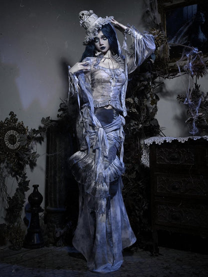 Dusty Blue Tie Dye Design Ruffle Flounce Knees Corpse Bride Goth Mermaid Skirt