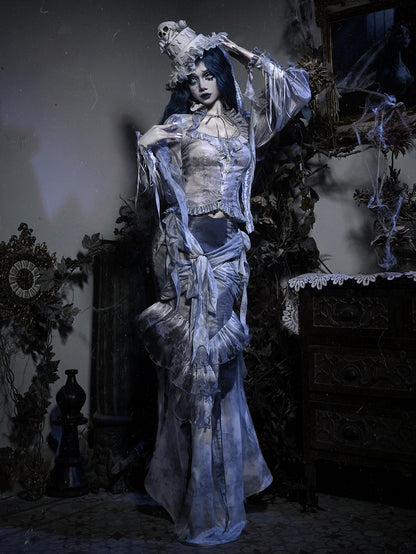 Dusty Blue Tie Dye Design Ruffle Flounce Knees Corpse Bride Goth Mermaid Skirt