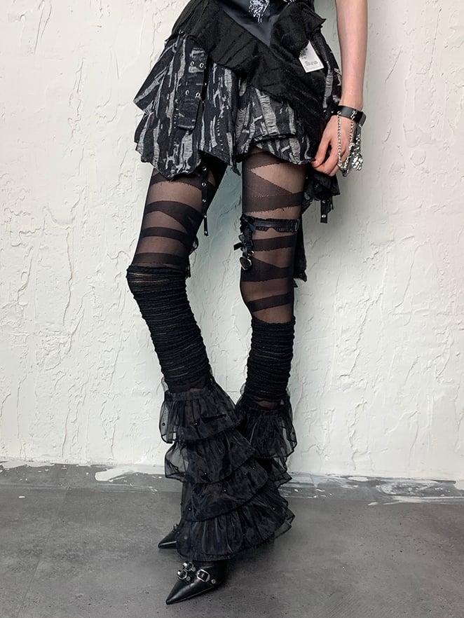 Black Y2K Multiple Layers Lace Trim Leg Sleeves