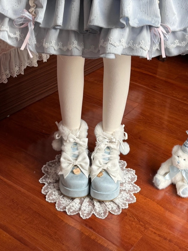 Pompom Accents, Delicate Bows & Plush Lining Blue Sweet Lolita Platform Boots