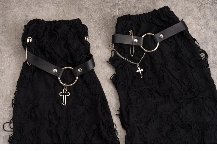 Cross Decorated Distressed Holes Gothic Black Leg Warmers