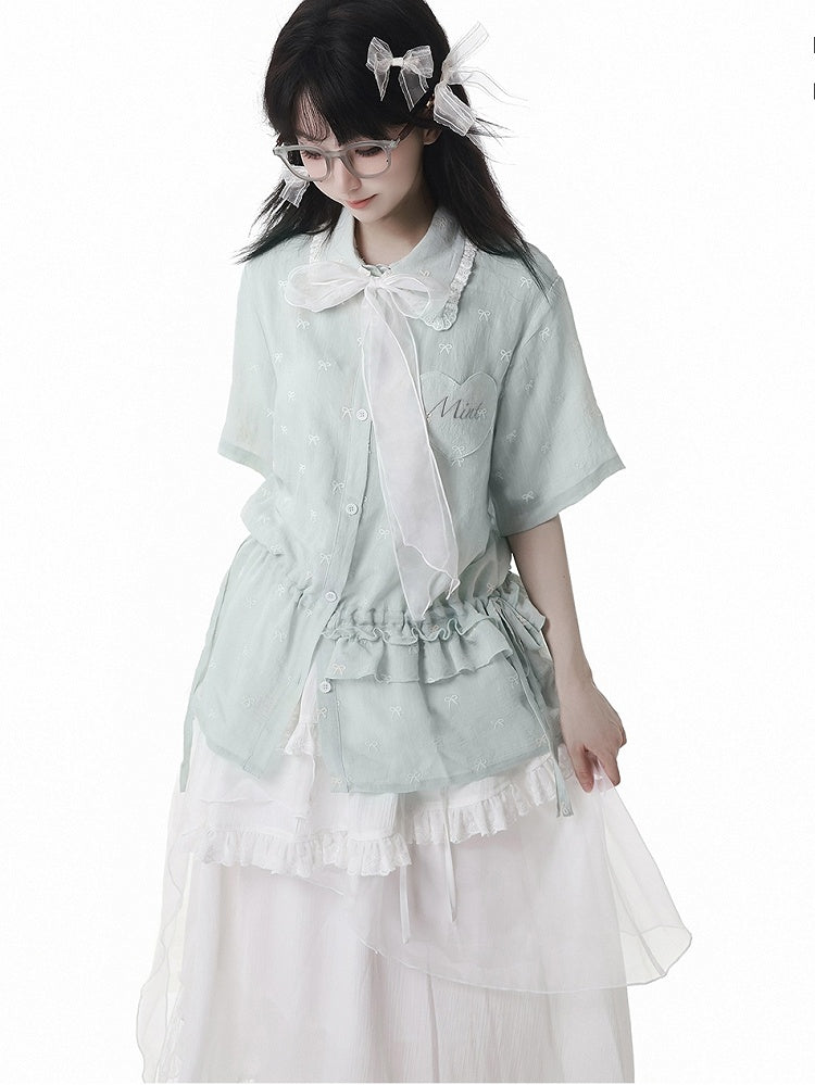 Light Green Drawstring Waist Allover Bowknot Embroidery Short Sleeves Shirt