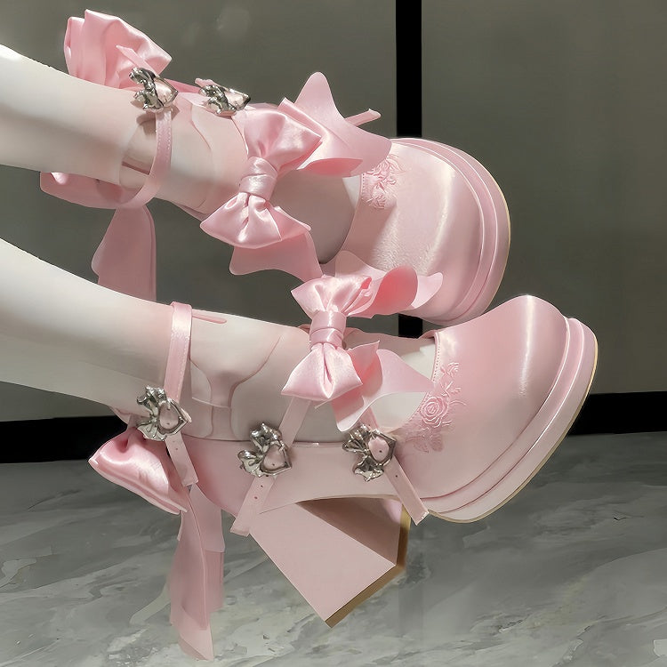 Elegant Pink Mary Janes for Lolita - Satin with Detachable Bow & Heart Details