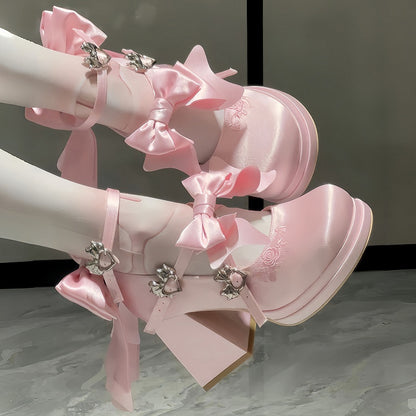 Elegant Pink Mary Janes for Lolita - Satin with Detachable Bow & Heart Details