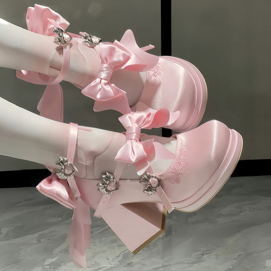 Elegant Pink Mary Janes for Lolita - Satin with Detachable Bow & Heart Details