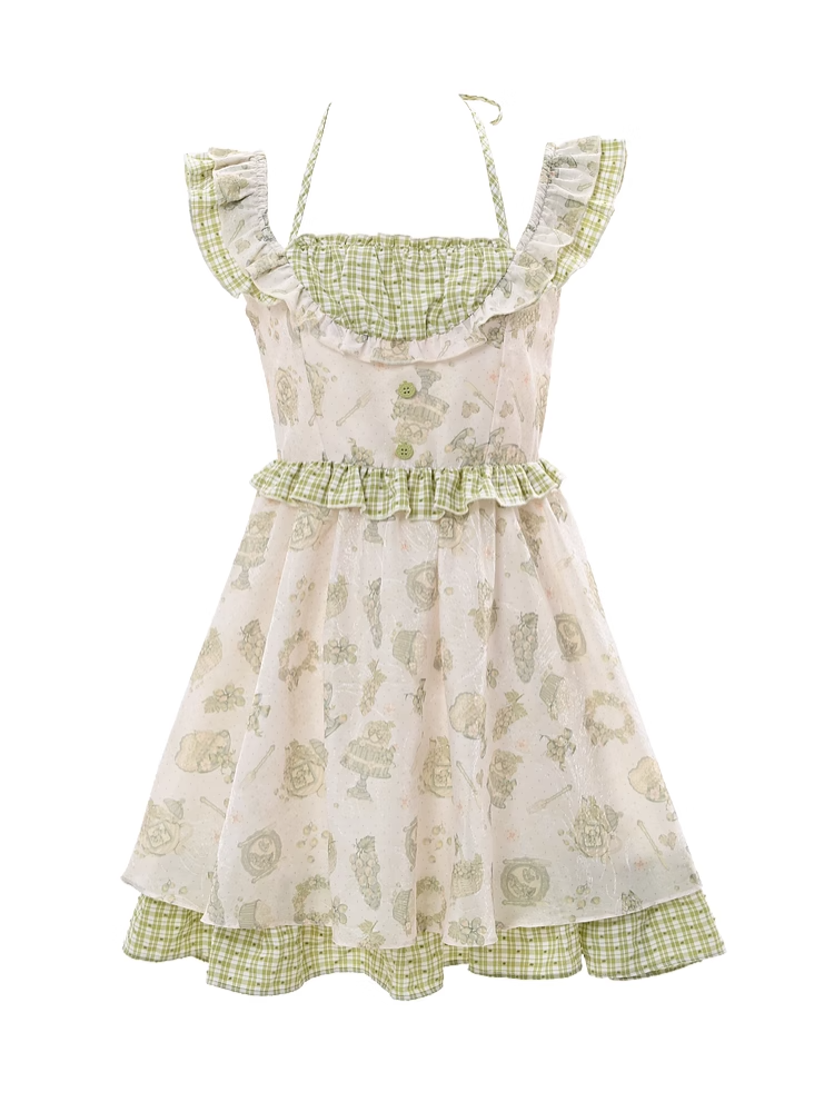 Light Green Plaid Flutter Sleeves Cartoon Print Mori Kei Halter Dress