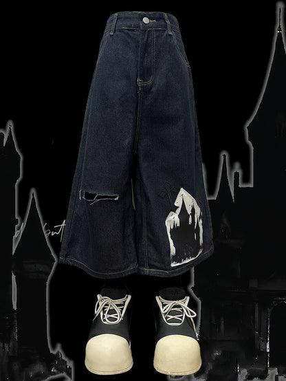 Dark Blue Y2K Cross Applique Distressed Holes Design Wide-Leg Cargo Shorts