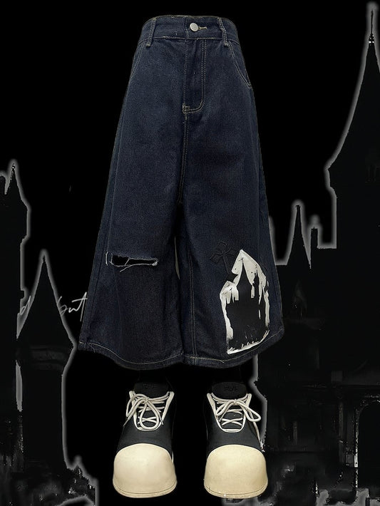 Dark Blue Y2K Cross Applique Distressed Holes Design Wide-Leg Cargo Shorts