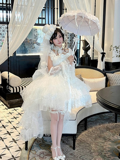 White Tiered Lace Square Neckline Shiro Dress with Bow Accents