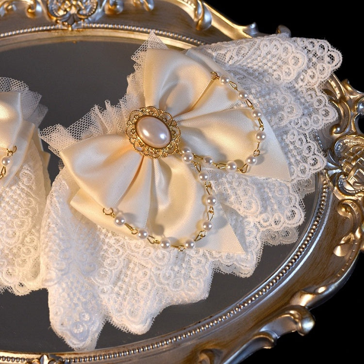 Black/White Beaded Charm Bowknot Decorated Lace Wrist Cuffs