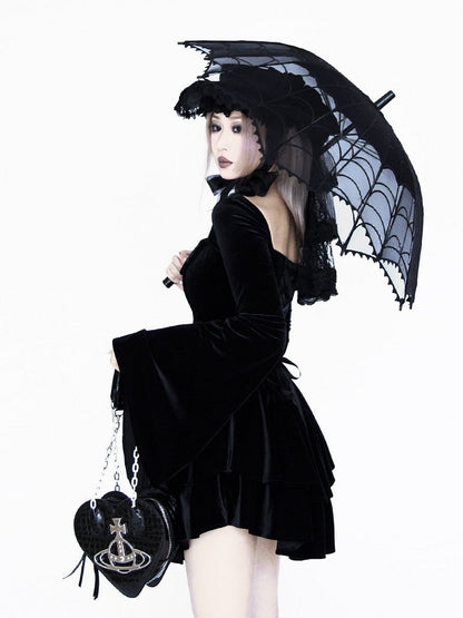 Gothic Black Velvet Bell Sleeves  Tiered Skirt Witch Dress