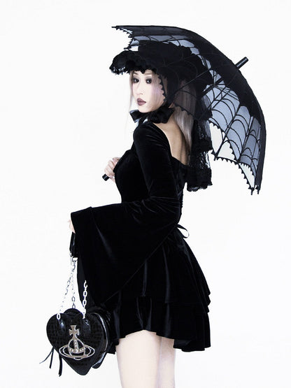 Gothic Black Velvet Bell Sleeves  Tiered Skirt Witch Dress