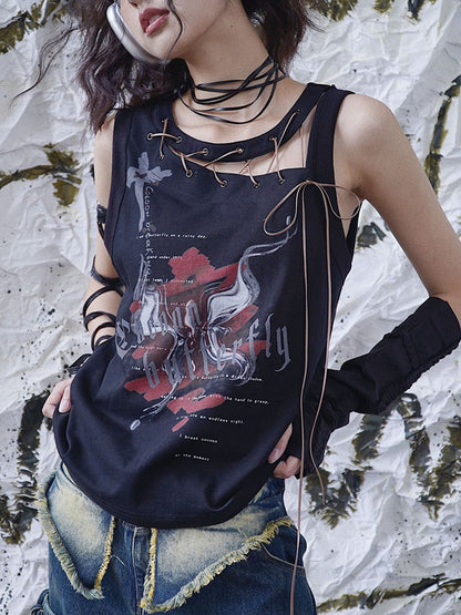 Punk Letters Print Black Lace-up Detail Sleeveless Top