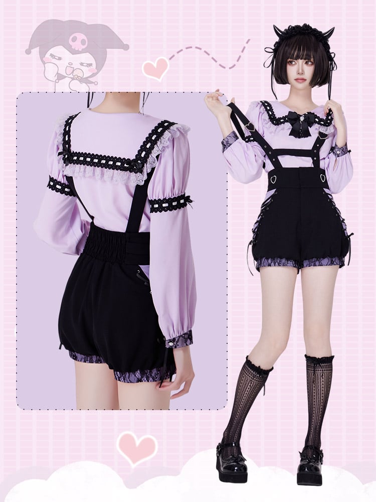 Purple Jirai Kei Lace Trimming Sailor Collar Long Sleeves Blouse