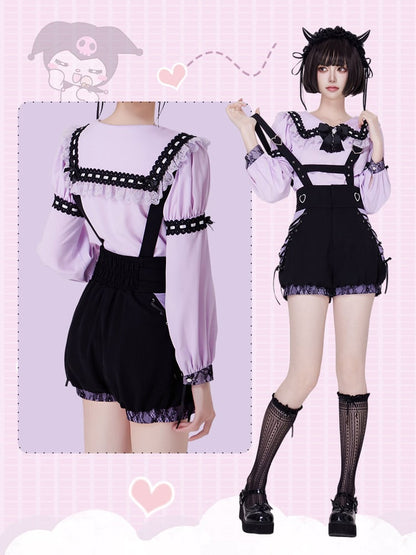 Purple Jirai Kei Lace Trimming Sailor Collar Long Sleeves Blouse