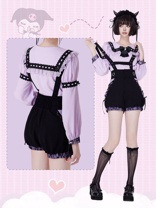 Purple Jirai Kei Lace Trimming Sailor Collar Long Sleeves Blouse