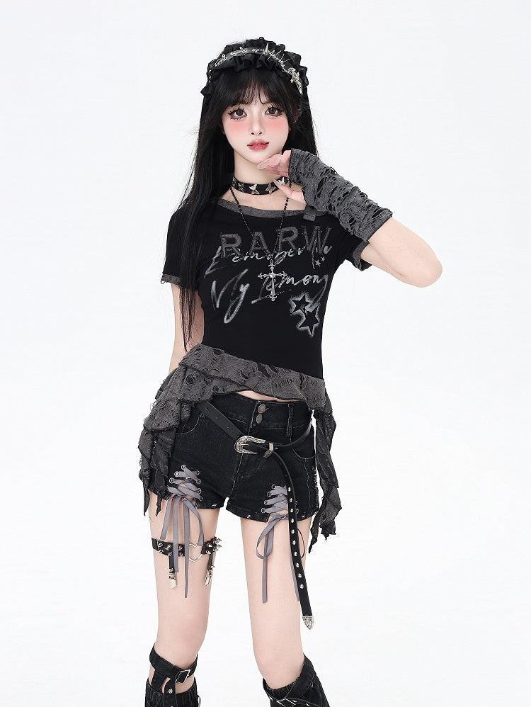 Black and Gray Lace-up Details Hem Denim Shorts with Butterfly Applique Leg Warmers