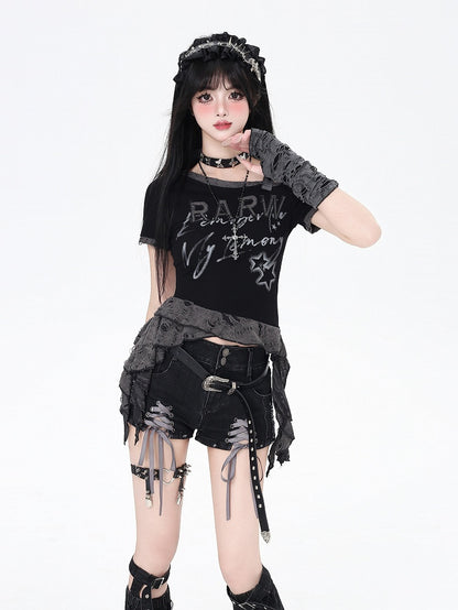 Black and Gray Lace-up Details Hem Denim Shorts with Butterfly Applique Leg Warmers