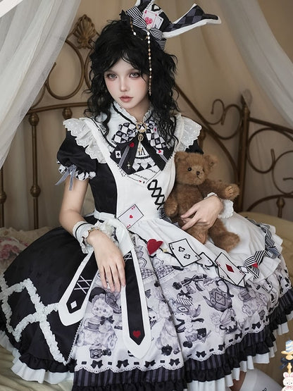 Alice in Wonderland Vibes Black and White Bunny and Teapot Print Apron Dress Sweet Lolita OP / Full Set