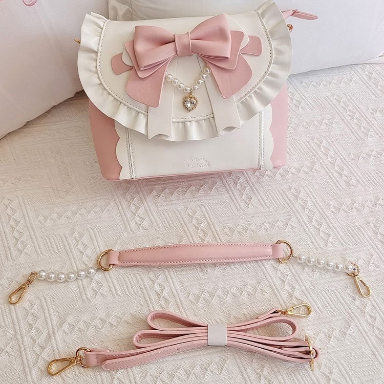 Rhinestone Heart Decor, Delicate Beadwork Bow & Dual Strap System Beige & White 2-Way Hand Bag in Elegant Lolita