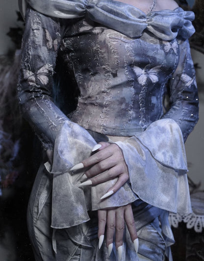 Off-the-shoulder Neckline Butterfly Print Dusty Blue Long Sleeves Top Corpse Bride Vibes