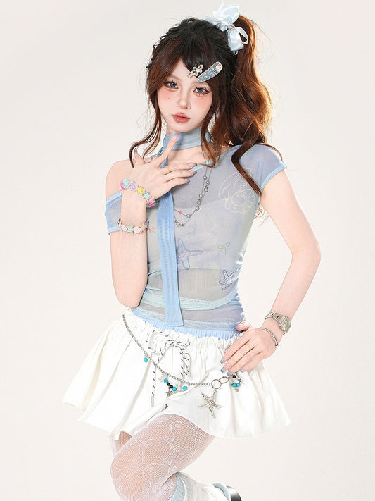 Starfish and Shell Print Asymmetrical Neckline Blue Semi-sheer T-shirt with Free Scarf