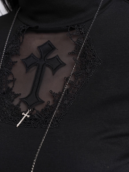 Black Mock Neck Coffin-shaped Cutout Cross Applique Mesh Sleeves Gothic Top