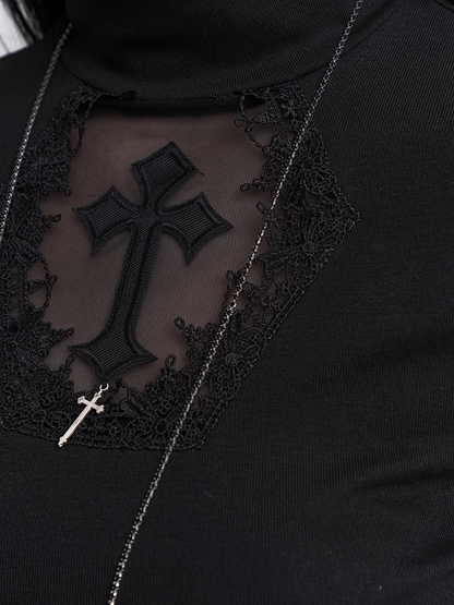 Black Mock Neck Coffin-shaped Cutout Cross Applique Mesh Sleeves Gothic Top