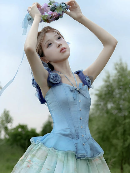 Sky Blue Flounce Hem Boned Corset Top with Detachable Floral Adornments