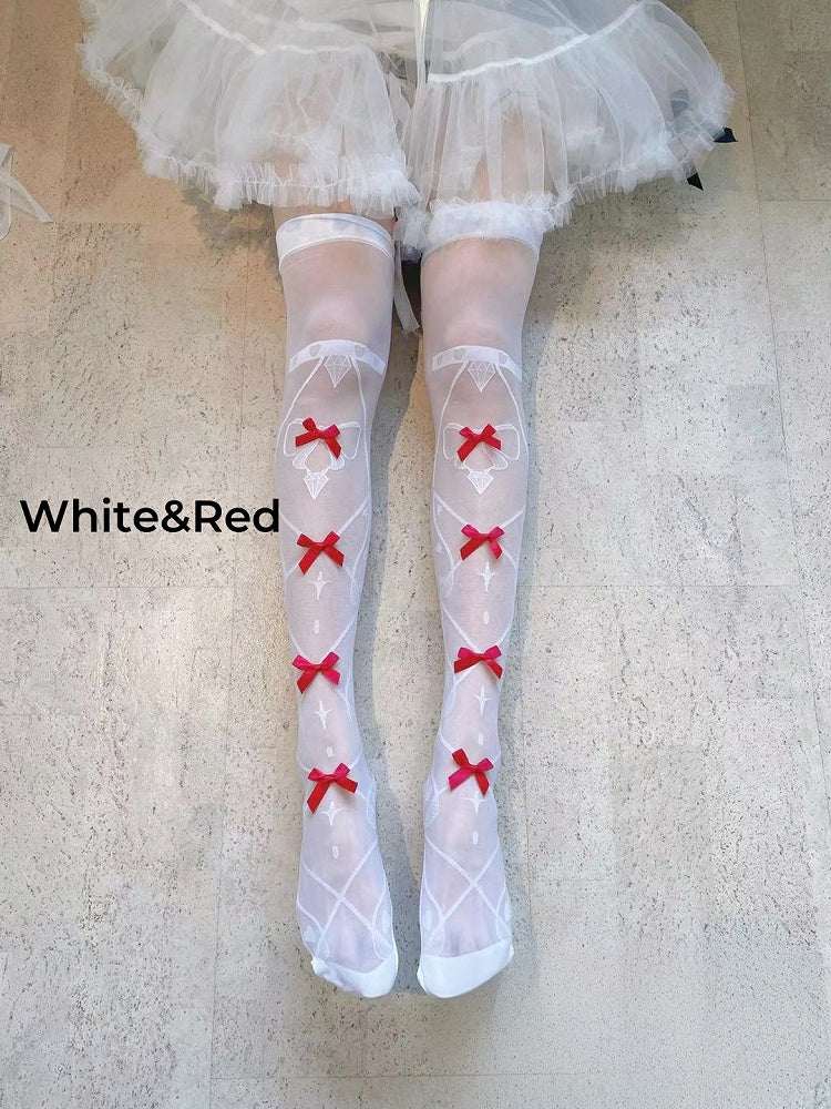 8 Colors Bowknot Details Crisscorss Banded Print Lolita Over Knee Stockings