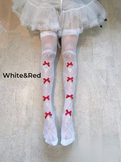 8 Colors Bowknot Details Crisscorss Banded Print Lolita Over Knee Stockings
