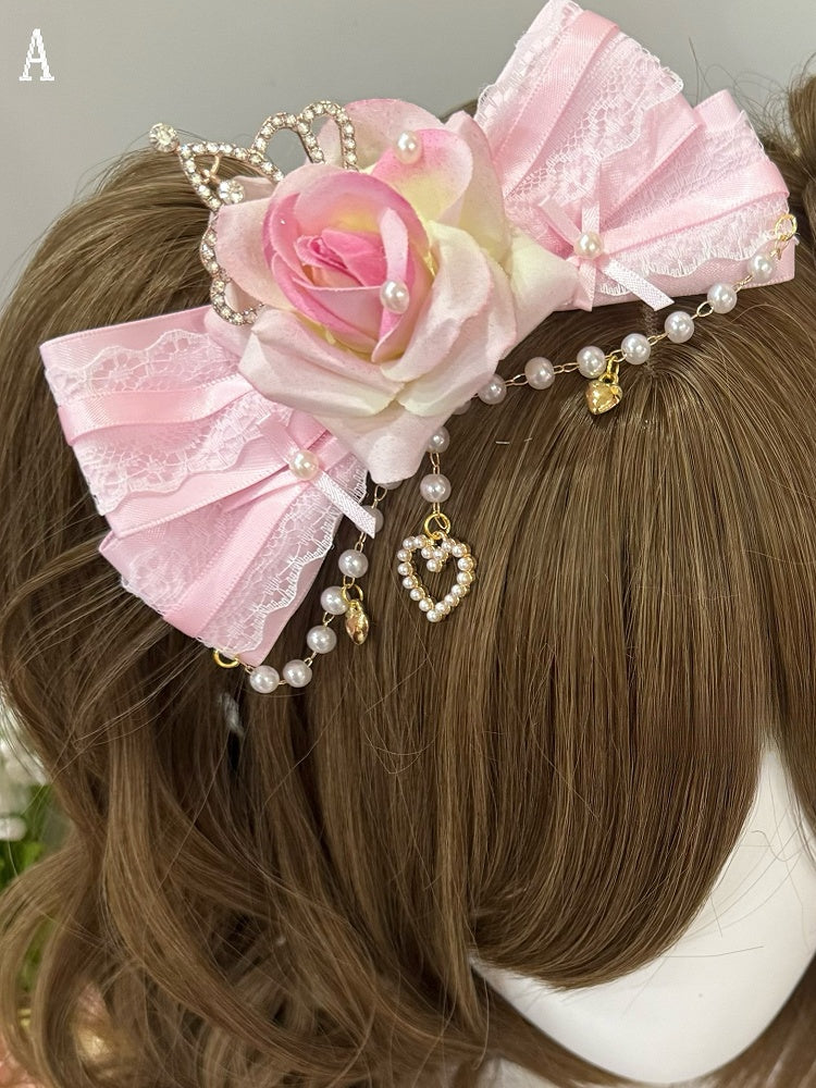 Pink Beaded Charm Floral Design Bowknot Hairclip + Rhinestone Heart Decorated Cross Charm Bowknot Hairclips