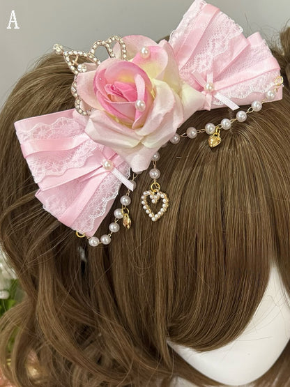 Pink Beaded Charm Floral Design Bowknot Hairclip + Rhinestone Heart Decorated Cross Charm Bowknot Hairclips