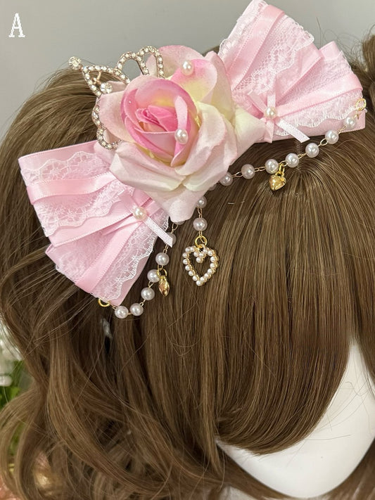 Pink Beaded Charm Floral Design Bowknot Hairclip + Rhinestone Heart Decorated Cross Charm Bowknot Hairclips