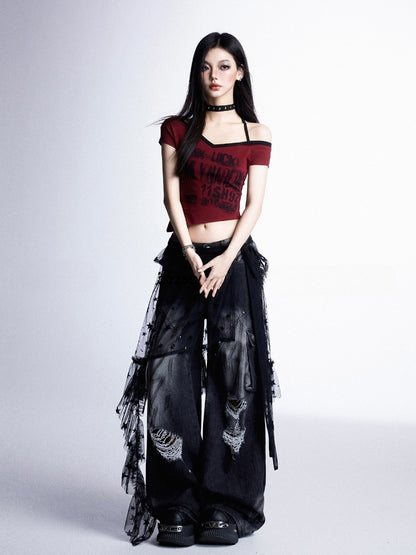 Y2K Red Halter Neck Asymmetrical Neckline and Hem Rock Punk Graphic Cropped T-shirt