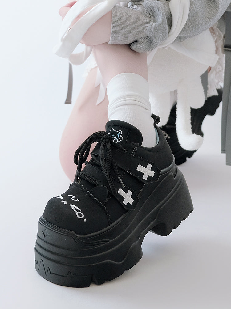 Yami Kawaii Matte Black Cross Velcro Strap Kitty Ears Design Platform Shoes