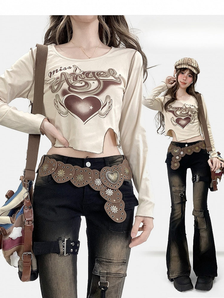 Apricot Bittersweet Print Design Asymmetrical Hen Long Sleeves Top