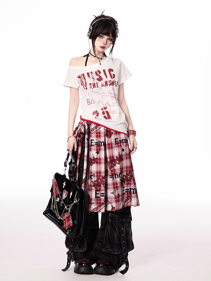 Y2K Letter Print White/Gray Asymmetrical Neckline T-shirt