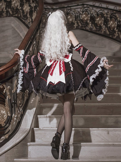 Black and Red Halter Neck Cthulhu Vibes Lolita Dress with Detachable Bell Sleeves