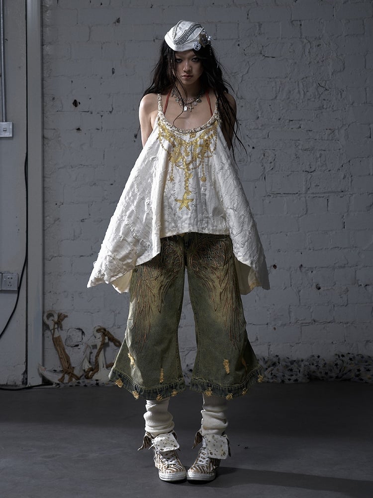Gold Starfish Print Apricot Wasteland Punk Distressed Holes Cami Top
